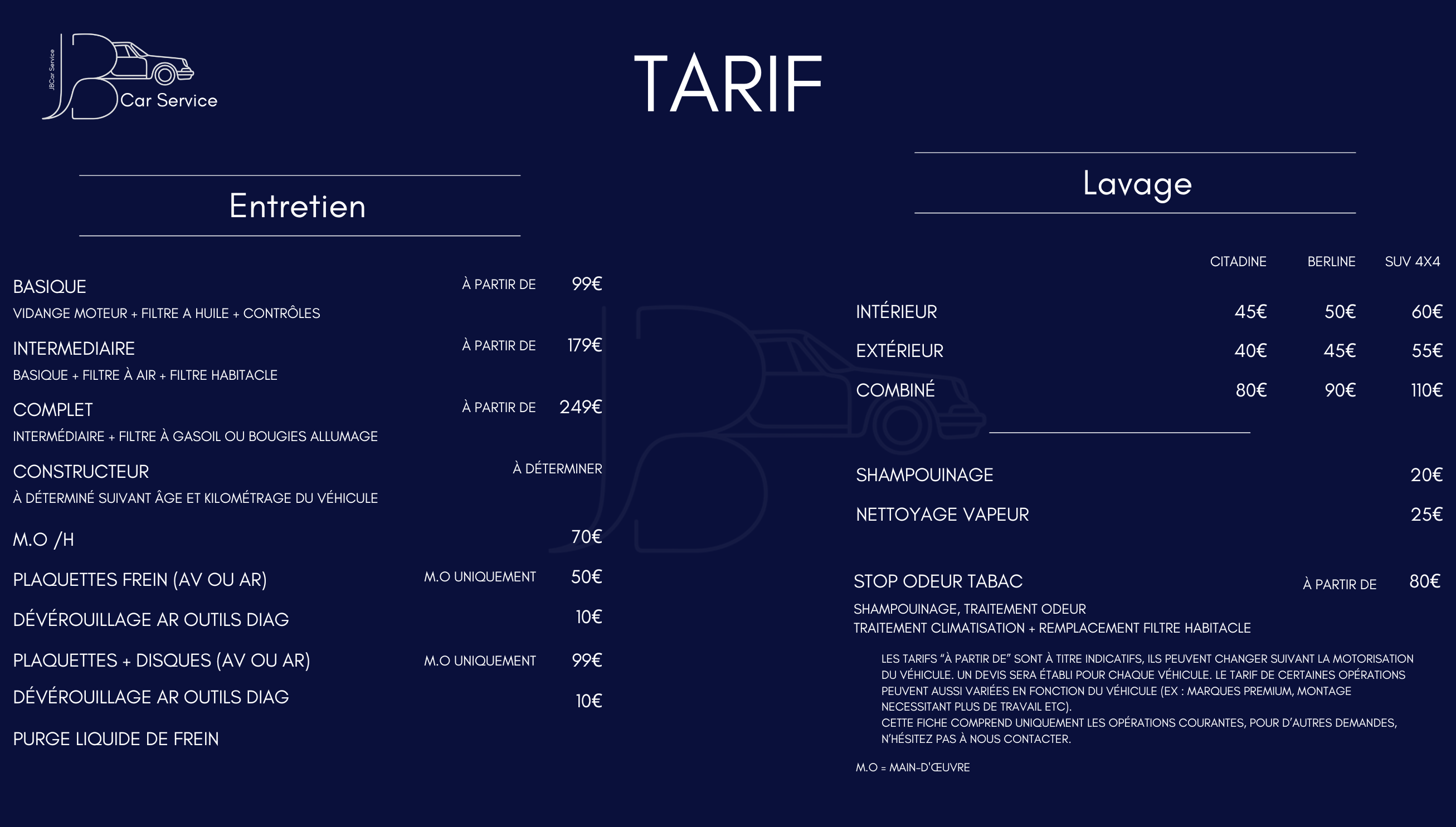 Tarifs JBCar Service : entretien et lavage automobile
